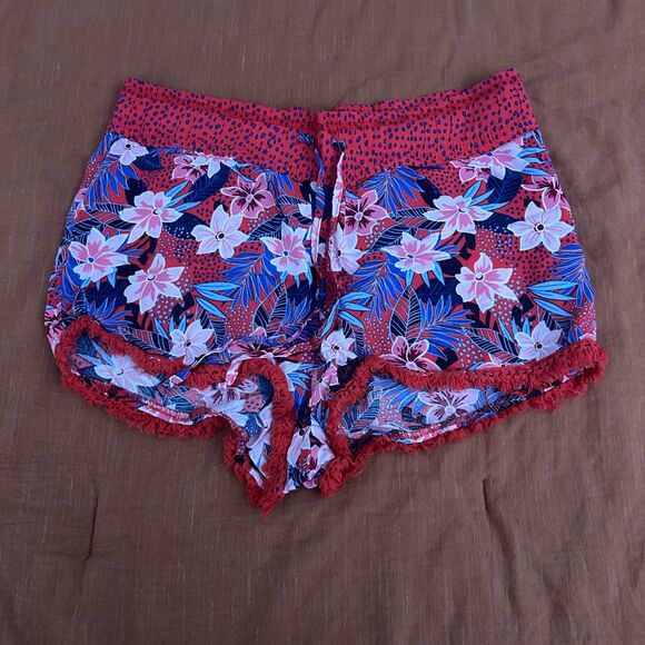 NO BOUNDARIES Floral Polka Dot Fringe Shorts Red and Blue Hawaiian Print - Picture 2 of 6